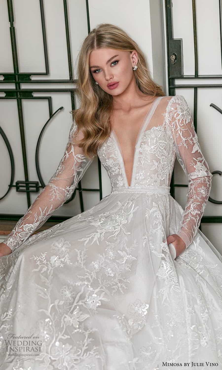 mimosa julie vino 2021 bridal long sleeve plunging v neckline fully embellished a line ball gown wedding dress (4) mv