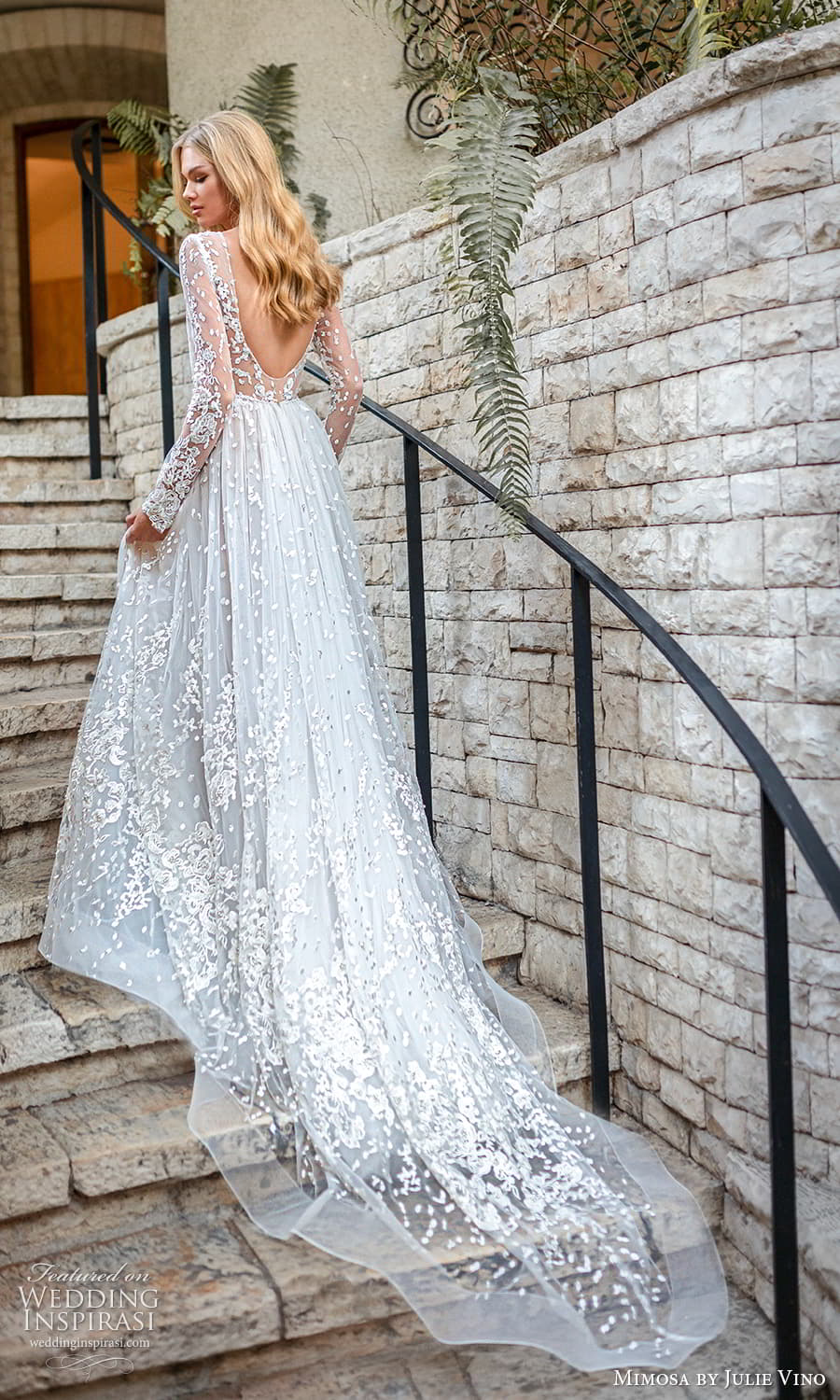 mimosa julie vino 2021 bridal sheer long sleeve jewel neckline embellished lace a line ball gown wedding dress chapel train low back (1) bv