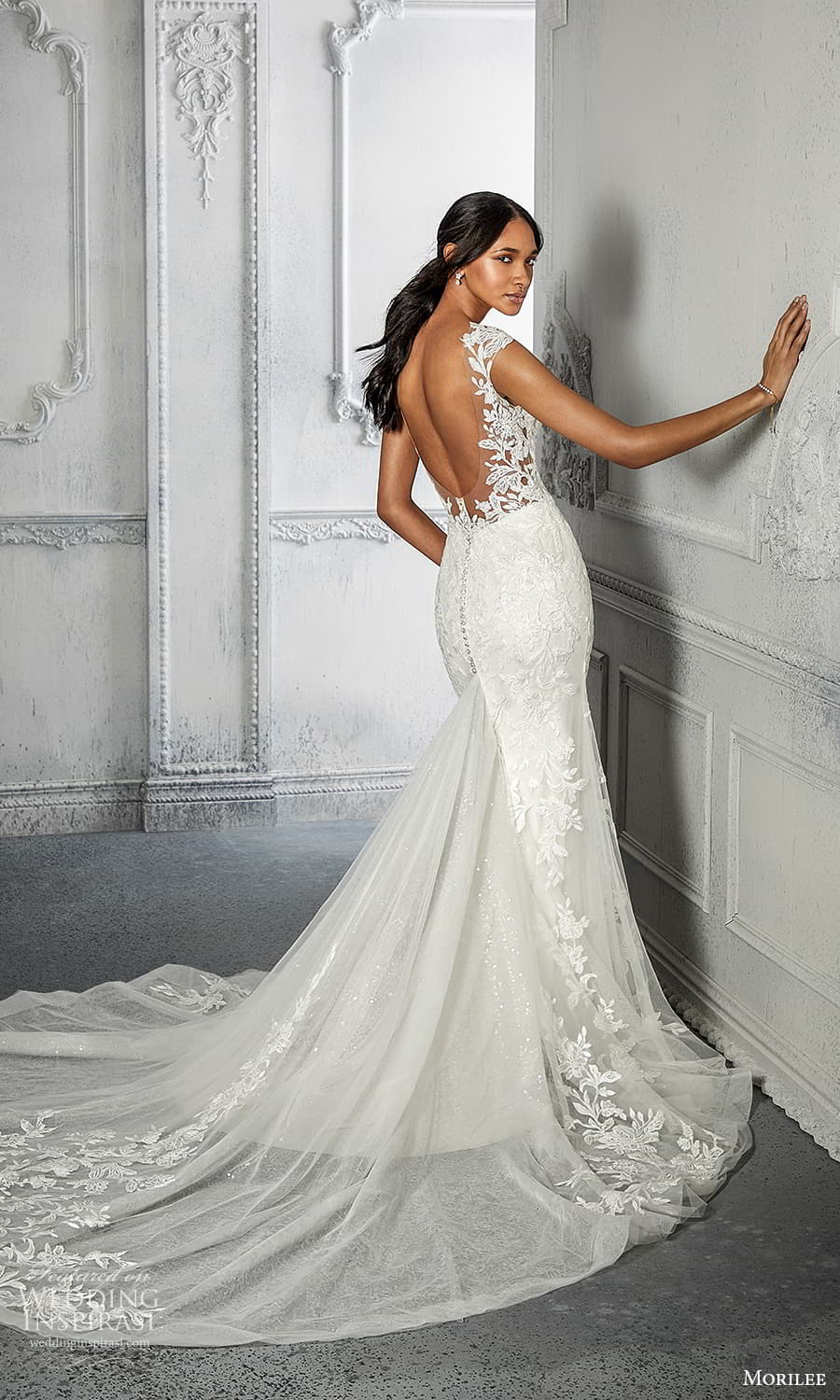 morilee spring 2022 bridal cap sleeves sheer v neckline embellished lace sheath wedding dress chapel train (12) bv