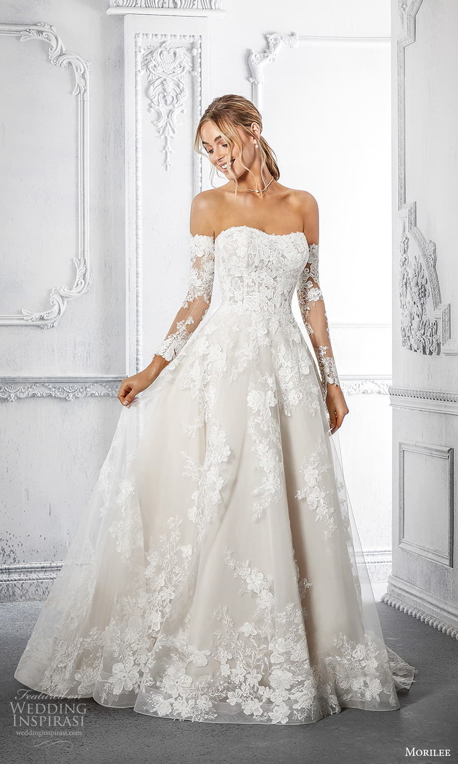 morilee spring 2022 bridal detached sleeves strapless sweetheart necklnie fully embellished lace a line ball gown wedding dress chapel train (11) mv