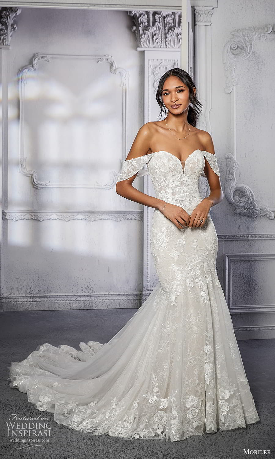 morilee spring 2022 bridal off shoulder straps sweetheart neckline fully embellished fit flare mermaid weddnig dress chapel train (16) mv