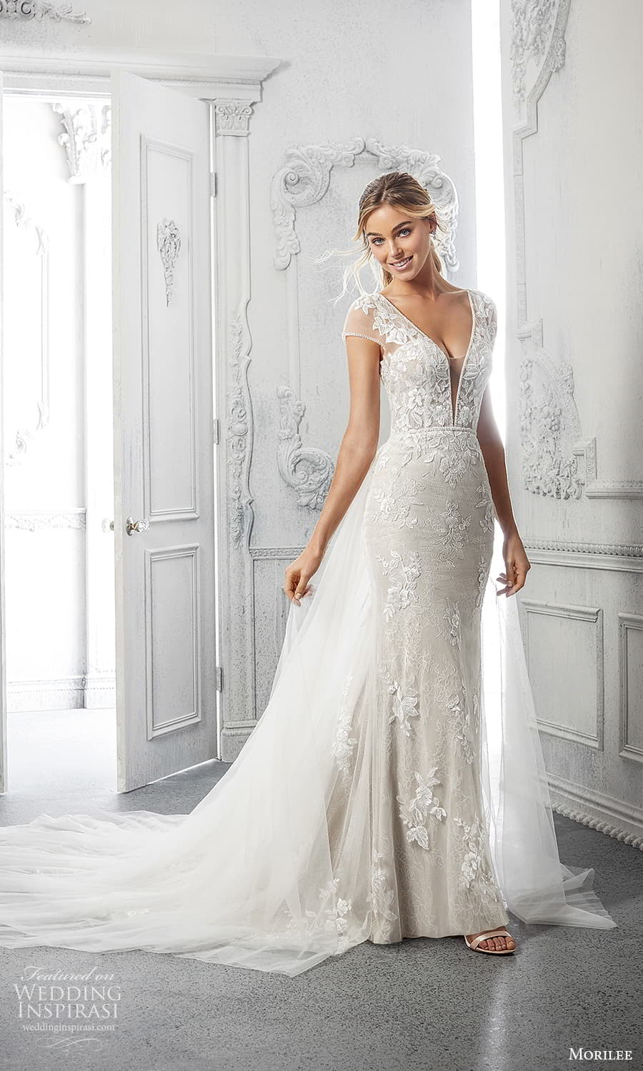 morilee spring 2022 bridal sheer cap sleeves v neckline fully embellished sheath wedding dress a line overskirt chapel train (17) mv morilee spring 2022 bridal sheer cap sleeves v neckline fully embellished sheath wedding dress a line overskirt chapel train (17) mv