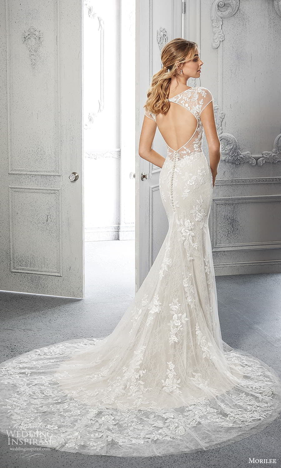 morilee spring 2022 bridal sheer cap sleeves v neckline fully embellished sheath wedding dress a line overskirt chapel train keyhole back (17) bv