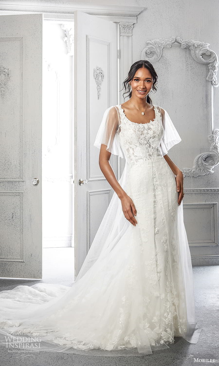 morilee spring 2022 bridal sheer flutter sleeves scoop neckline embellished lace a line wedding dress chapel train (20) mv