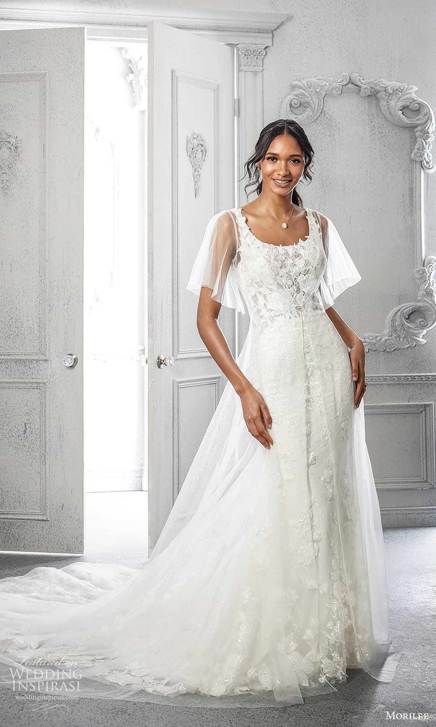 morilee spring 2022 bridal sheer flutter sleeves scoop neckline embellished lace a line wedding dress chapel train (20) mv morilee spring 2022 bridal sheer flutter sleeves scoop neckline embellished lace a line wedding dress chapel train (20) mv
