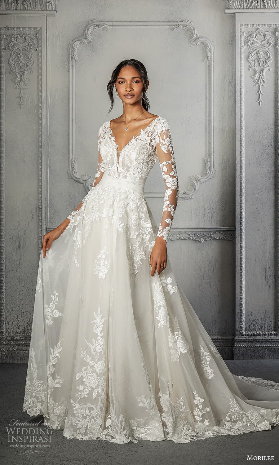 morilee spring 2022 bridal sheer long sleeve v neckline fully embellished a line wedding dress chapel train (2) mv