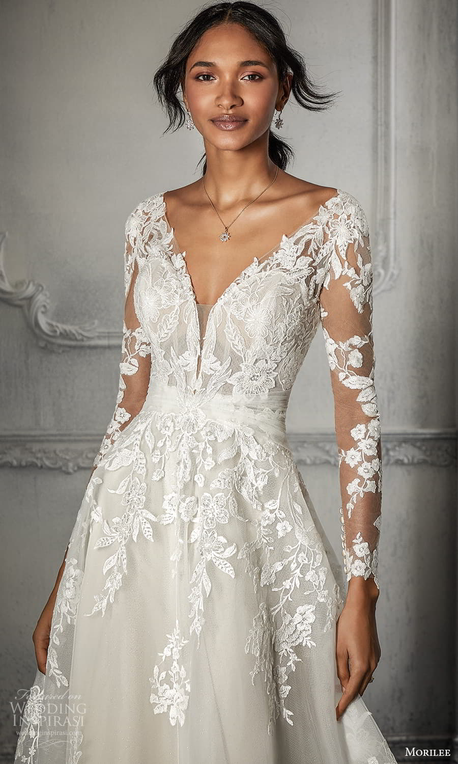 morilee spring 2022 bridal sheer long sleeve v neckline fully embellished a line wedding dress chapel train (2) zv