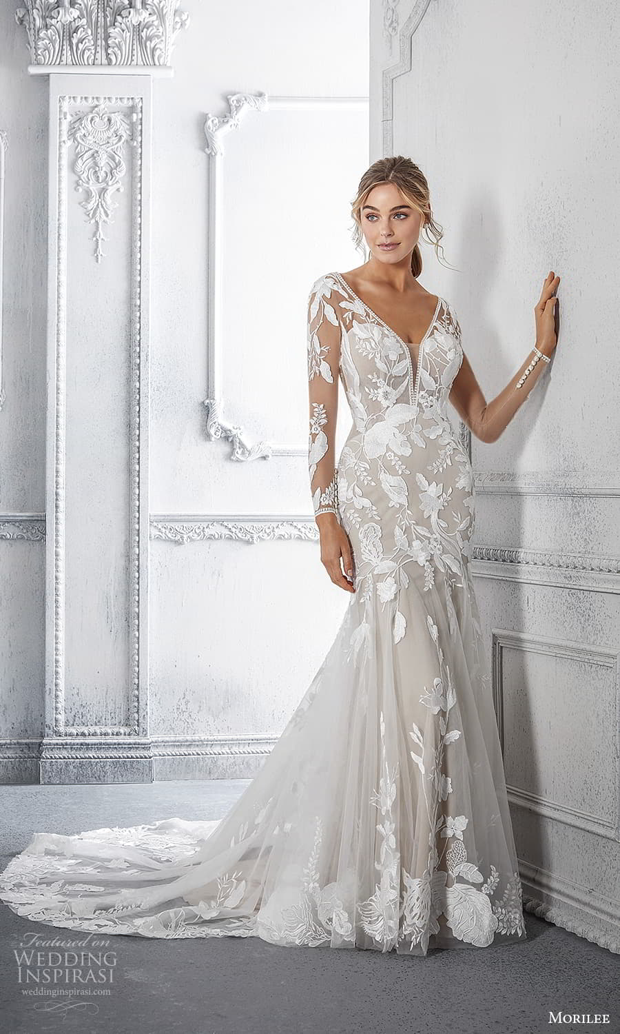morilee spring 2022 bridal sheer sleeve v necklnie fully embellished fit flare mermaid wedding dress chapel train (5) mv