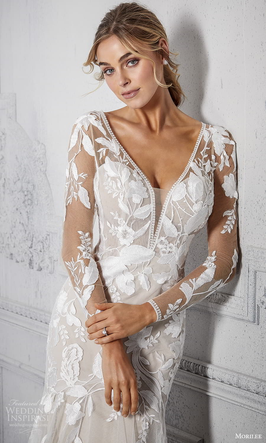 morilee spring 2022 bridal sheer sleeve v necklnie fully embellished fit flare mermaid wedding dress chapel train (5) zv