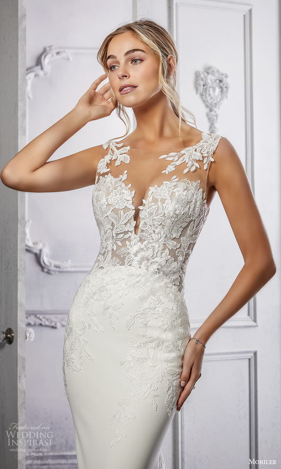 morilee spring 2022 bridal sleeveless sheer thick straps v neck sweetheart neckline embellished bodice sheath wedding dress chapel train (1) zv