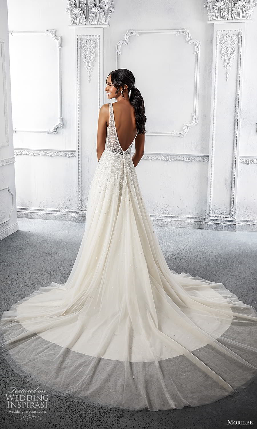 morilee spring 2022 bridal sleeveless straps plunging v neckline fully embellished a line ball gown wedding dress chapel train (22) bv