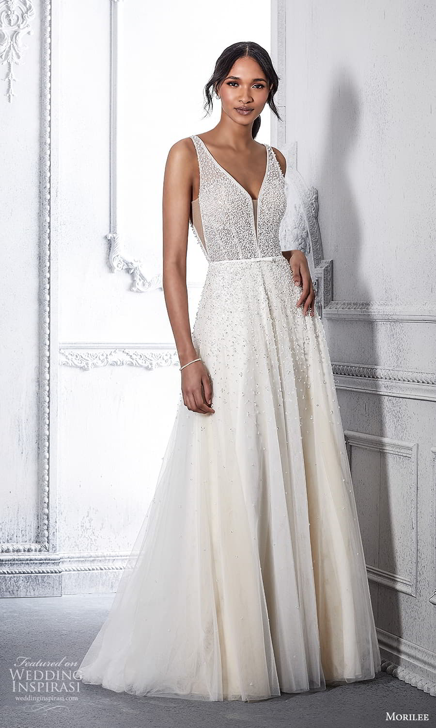 morilee spring 2022 bridal sleeveless straps plunging v neckline fully embellished a line ball gown wedding dress chapel train (22) mv