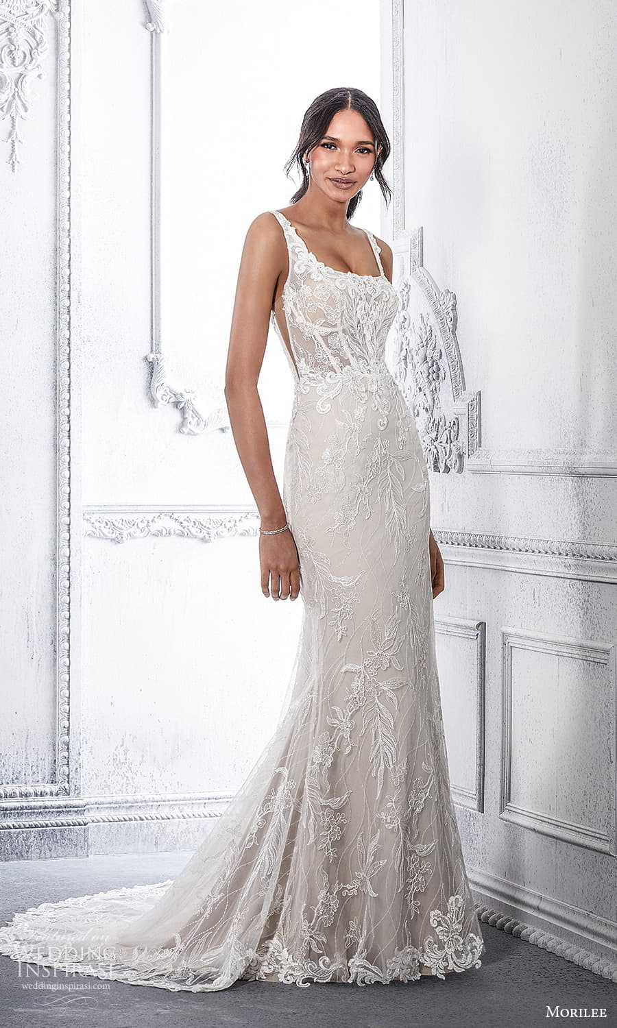 morilee spring 2022 bridal sleeveless straps square neckline fully embellished lace sheath wedding dress chapel train (19) mv