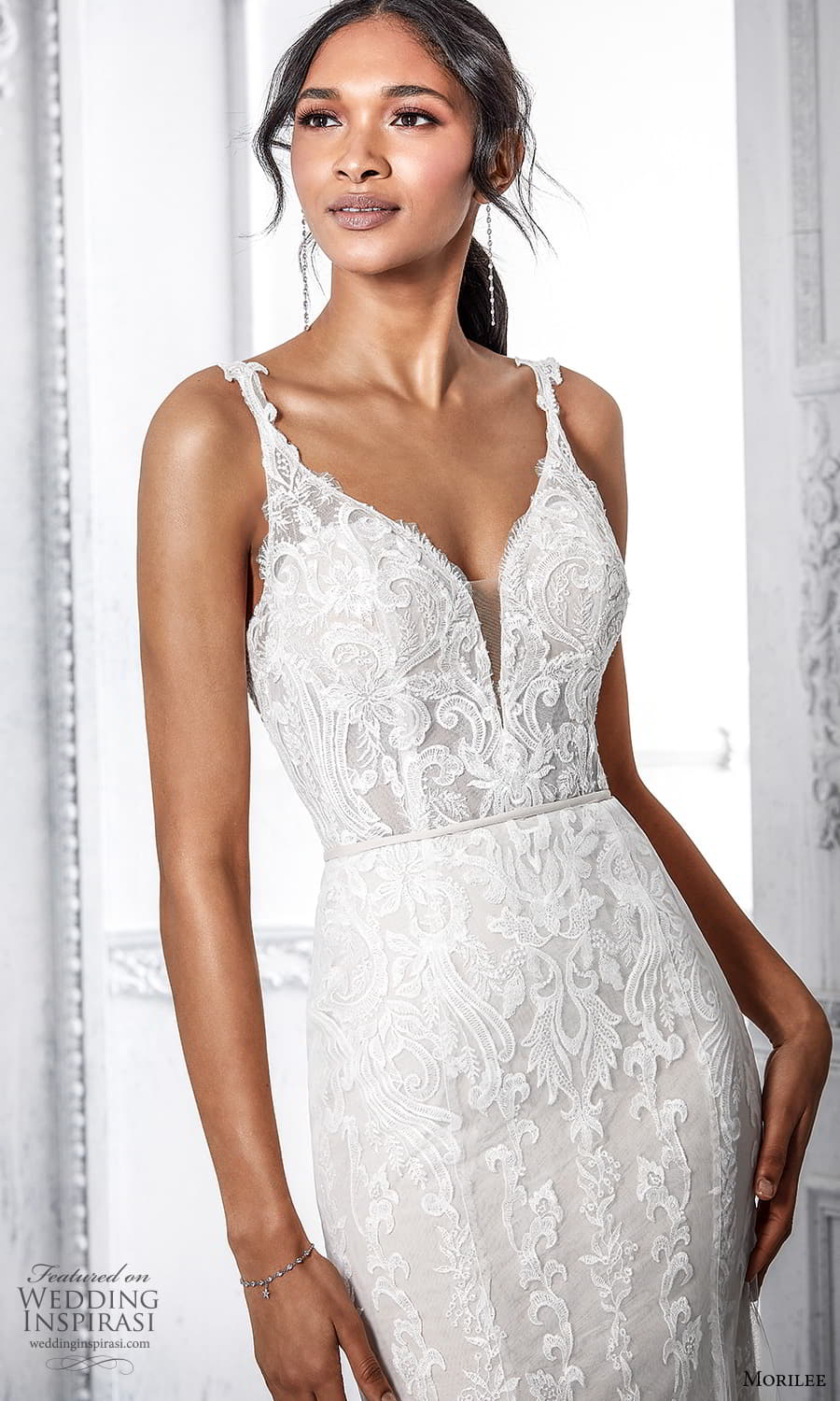 morilee spring 2022 bridal sleeveless straps sweetheart neckline fully embellished sheath wedding dress chapel train (18) mv