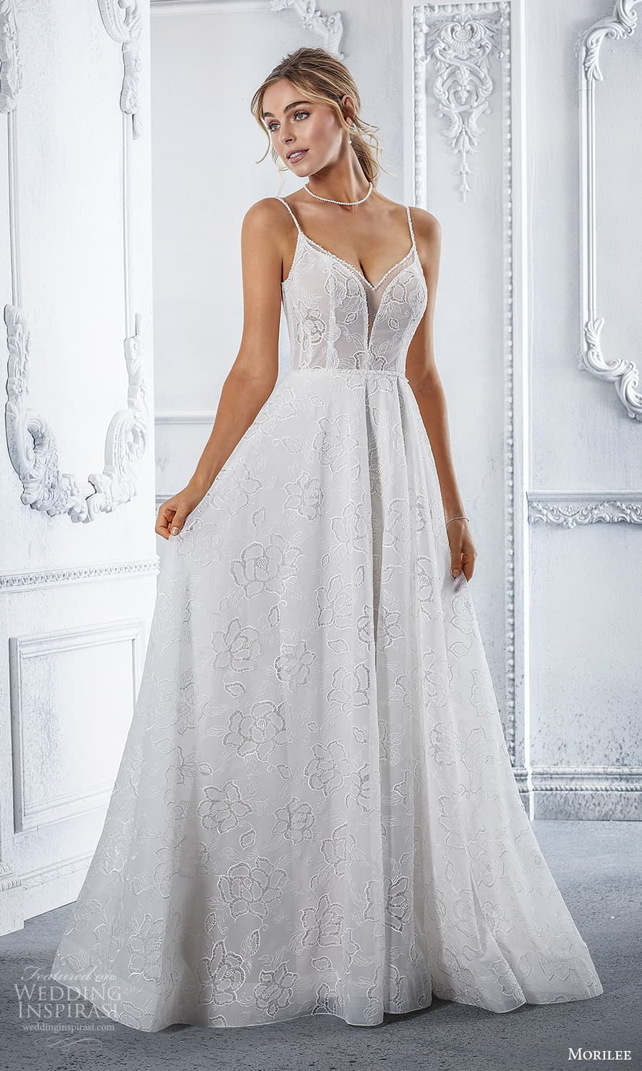 morilee spring 2022 bridal sleeveless straps v neckline embellished a line ball gown wedding dress chapel train (7) mv