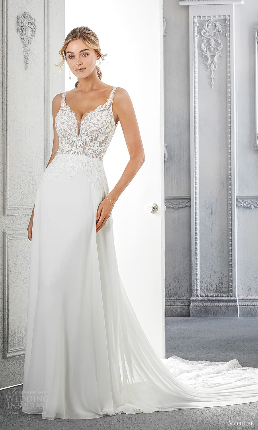 morilee spring 2022 bridal sleeveless straps v neckline embellished lace bodice clean skirt a line wedding dress chapel train (9) mv