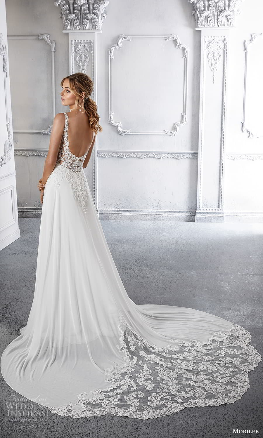 morilee spring 2022 bridal sleeveless straps v neckline embellished lace bodice clean skirt a line wedding dress chapel train scoop back (9) bv