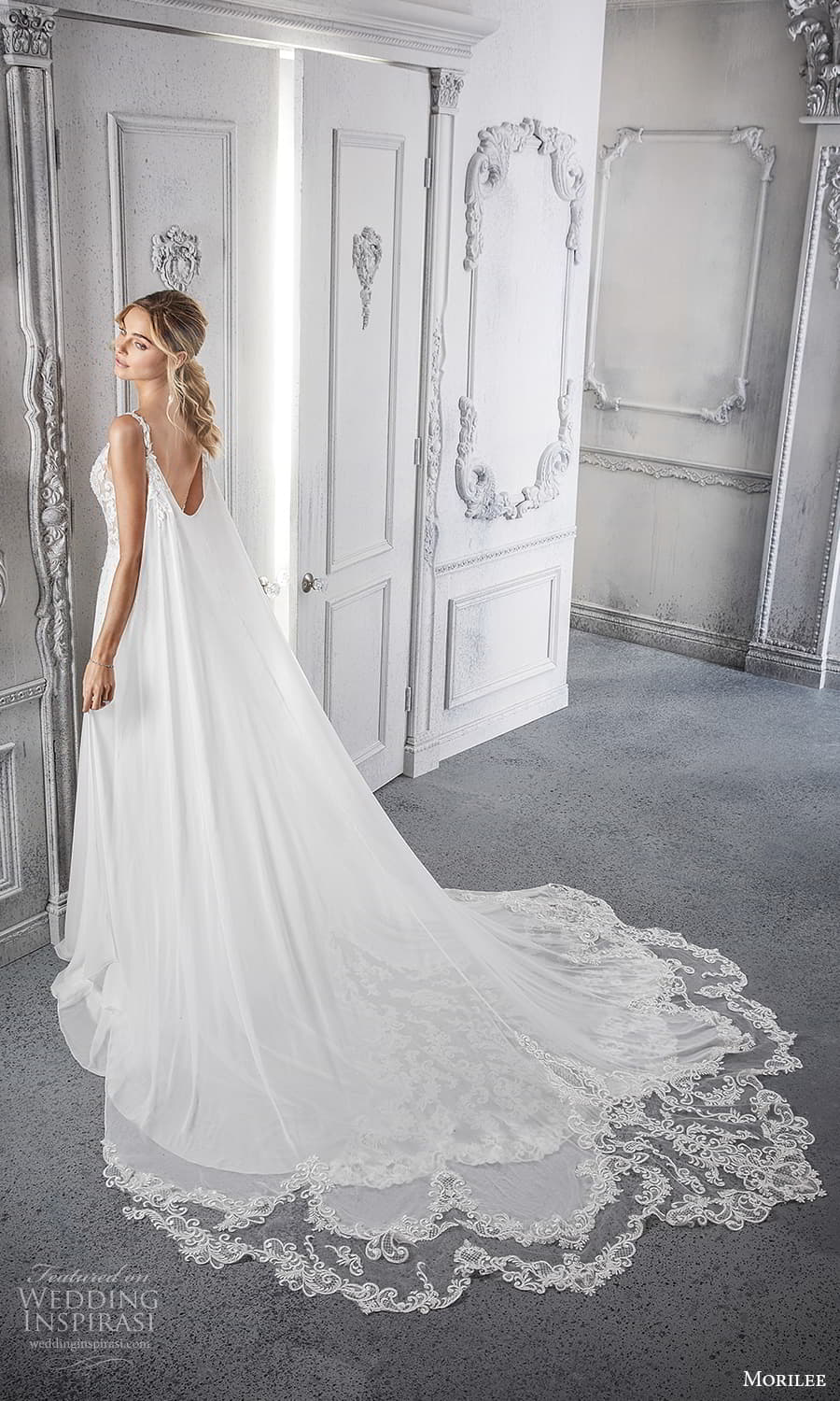 morilee spring 2022 bridal sleeveless straps v neckline embellished lace bodice clean skirt a line wedding dress chapel train scoop back cape (9) bv morilee spring 2022 bridal sleeveless straps v neckline embellished lace bodice clean skirt a line wedding dress chapel train scoop back cape (9) bv