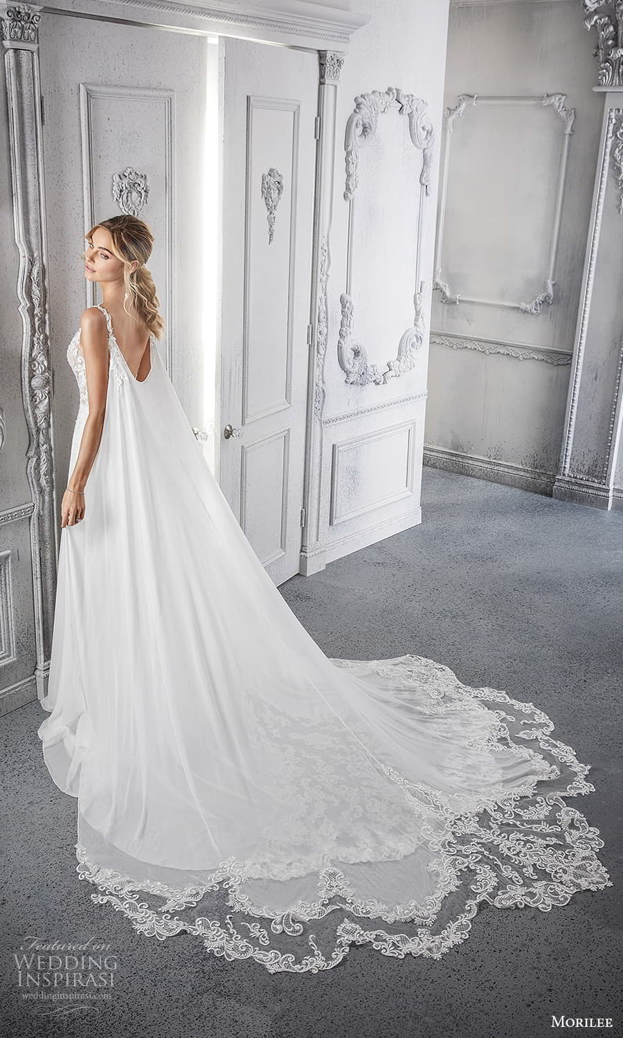 morilee spring 2022 bridal sleeveless straps v neckline embellished lace bodice clean skirt a line wedding dress chapel train scoop back cape (9) bv