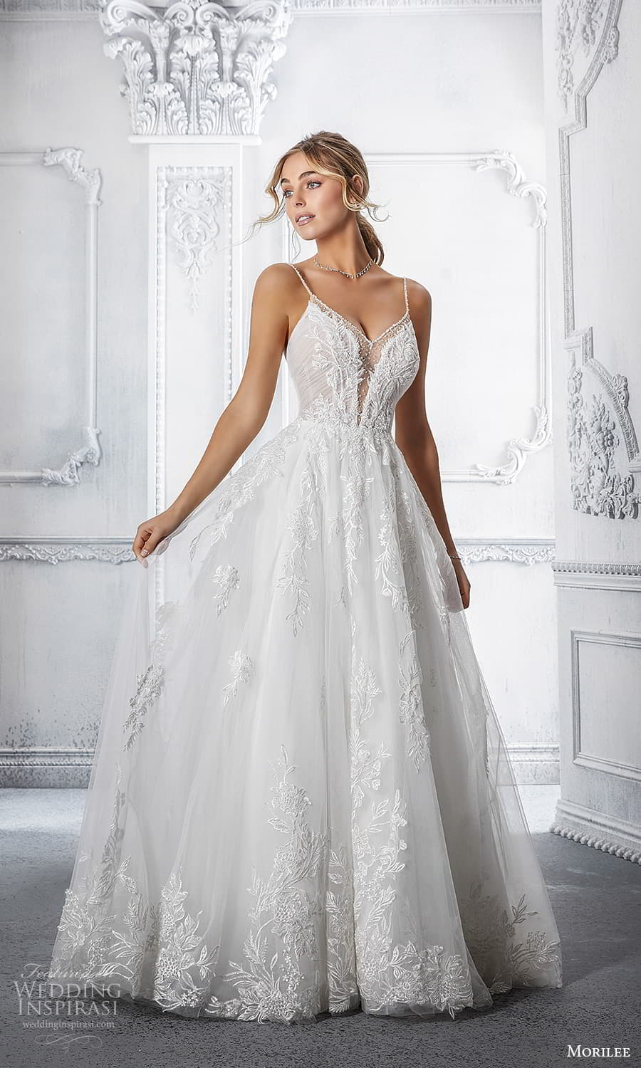 morilee spring 2022 bridal sleeveless straps v neckline fully embellished a line ball gown wedding dress chapel train (3) mv