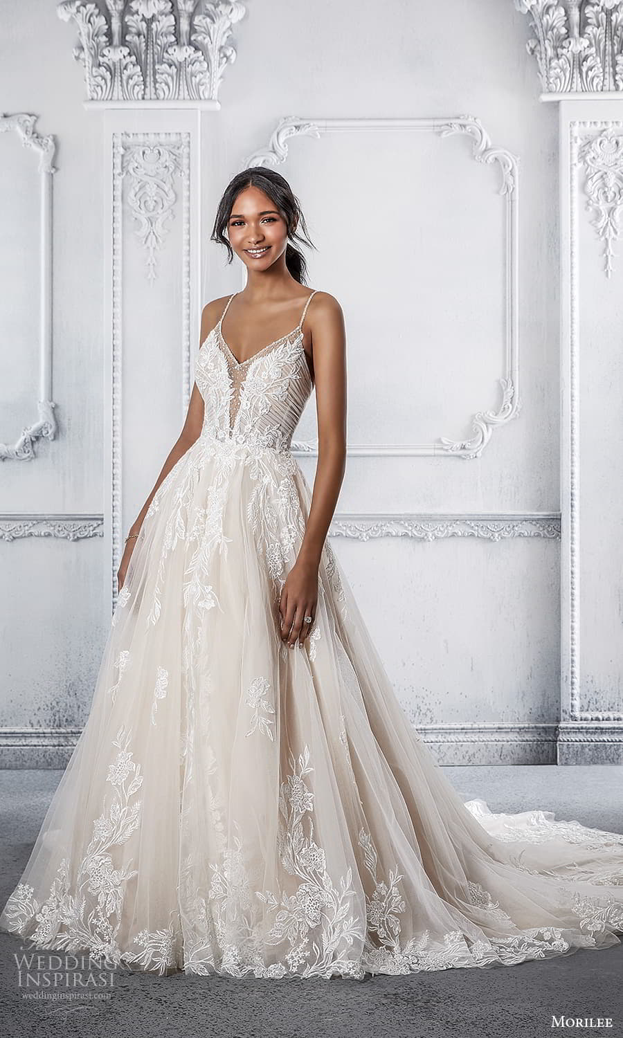 morilee spring 2022 bridal sleeveless straps v neckline fully embellished a line ball gown wedding dress chapel train (4) mv