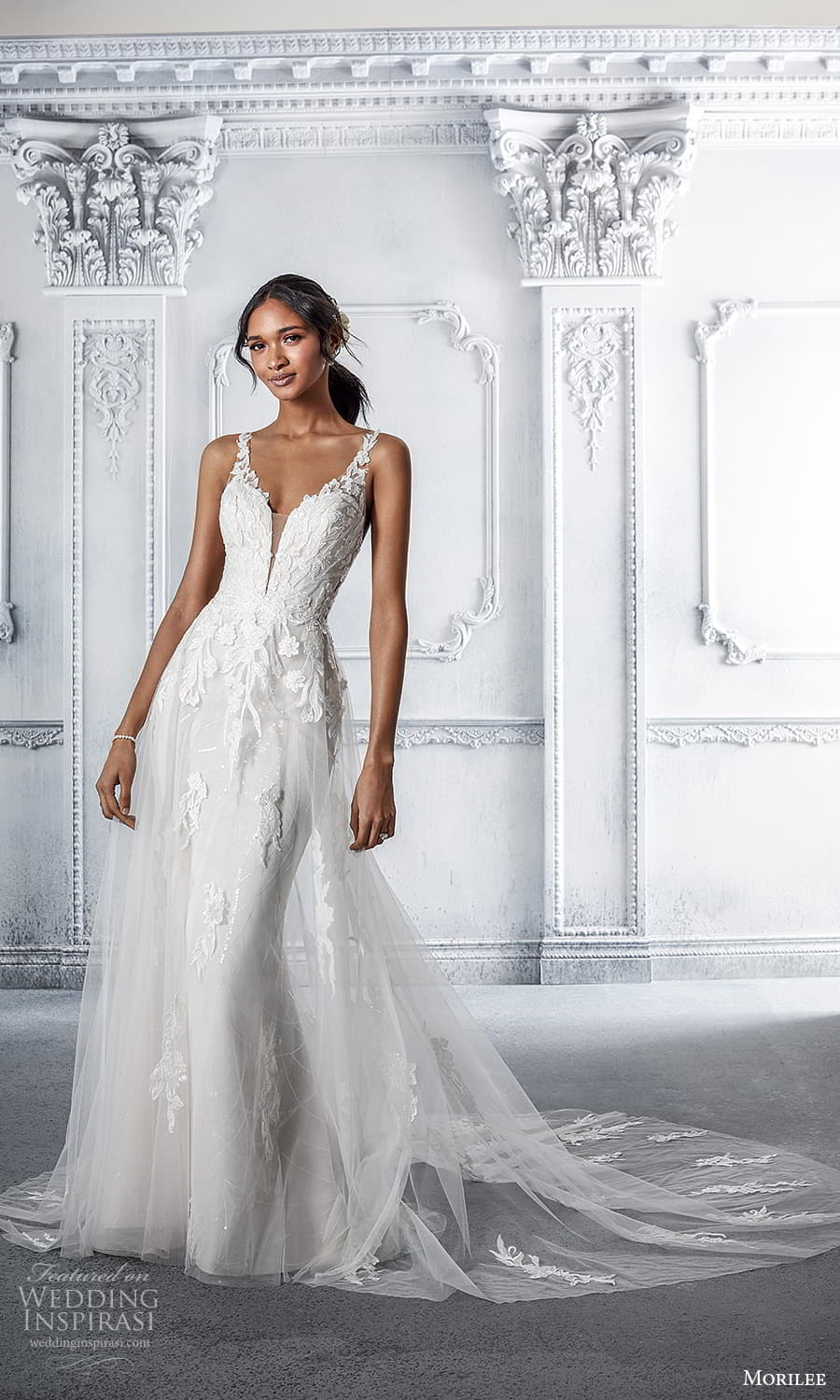 morilee spring 2022 bridal sleeveless straps v neckline fully embellished a line wedding dress chapel train (10) mv