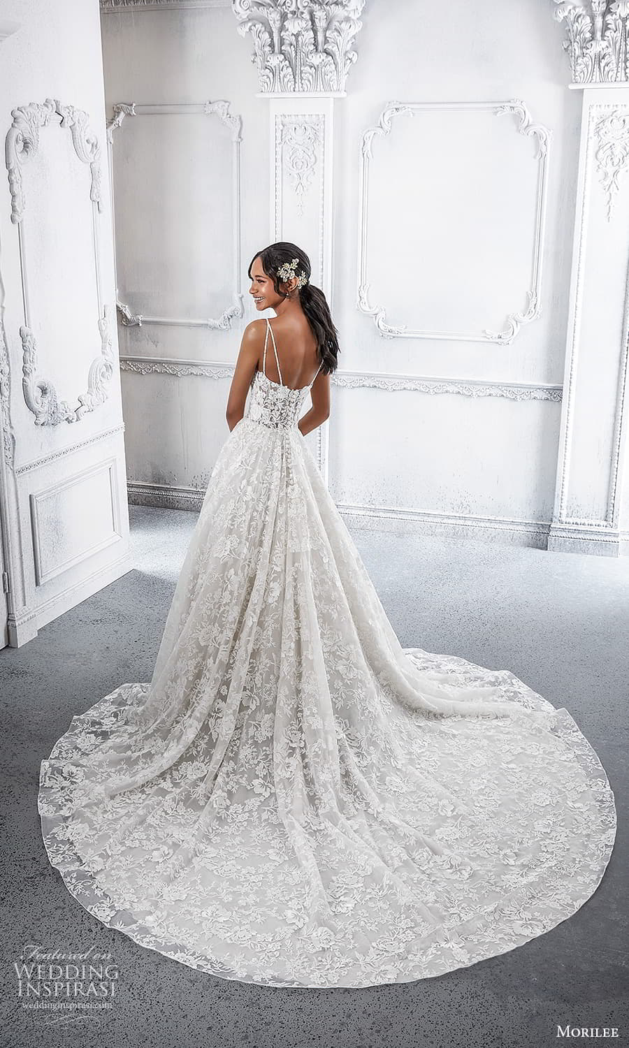 morilee spring 2022 bridal sleeveless straps v neckline fully embellished lace a line ball gown wedding dress chapel train (14) bv