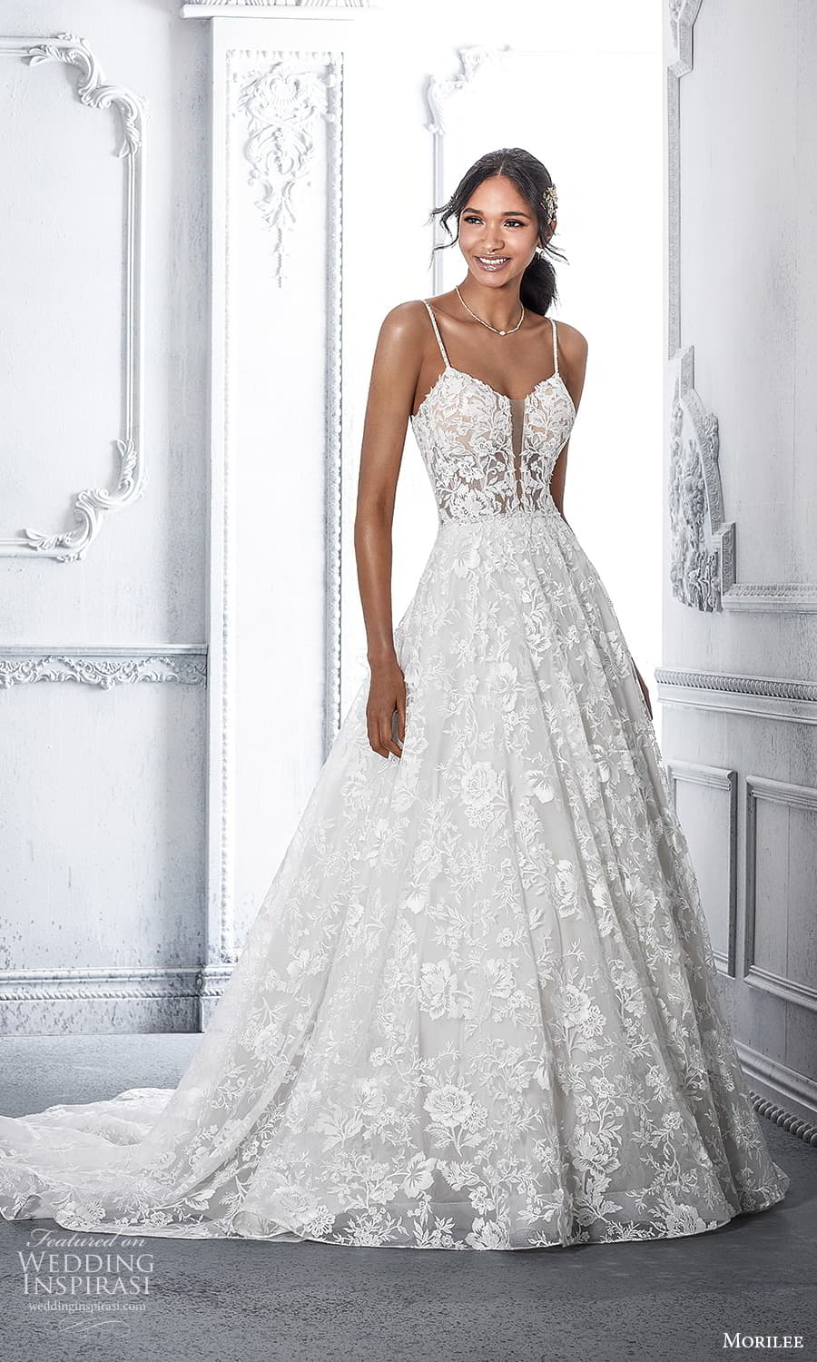 morilee spring 2022 bridal sleeveless straps v neckline fully embellished lace a line ball gown wedding dress chapel train (14) mv