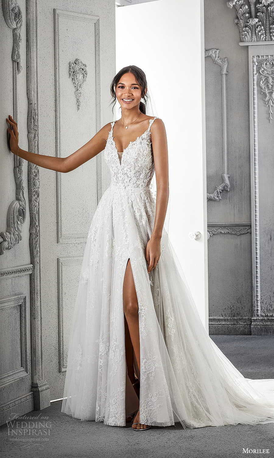 morilee spring 2022 bridal sleeveless straps v neckline fully embellished lace a line ball gown wedding dress chapel train (8) mv