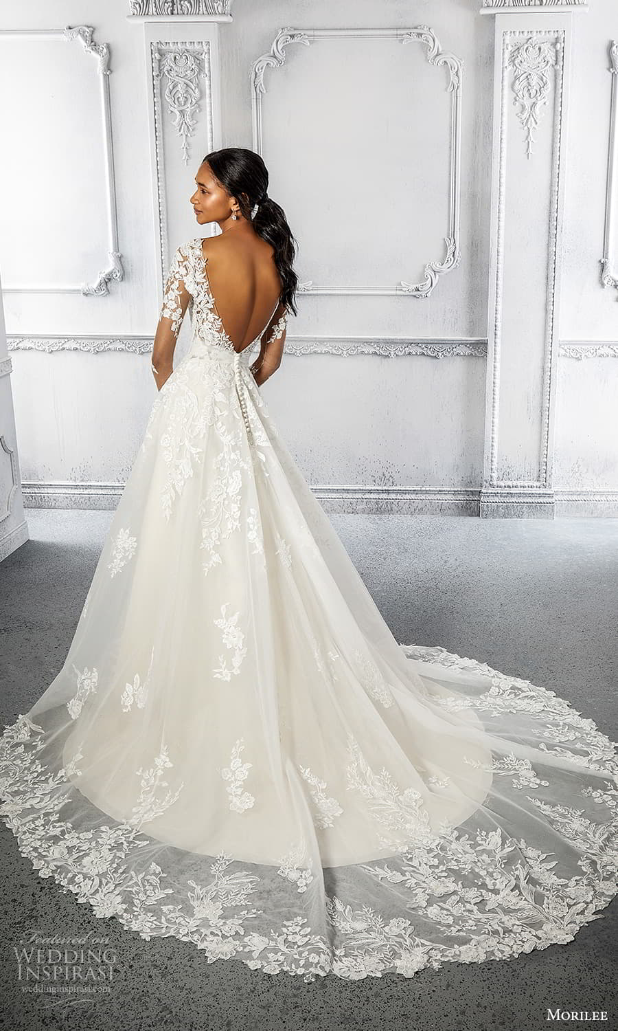 morilee spring 2022 bridal sleeveless straps v neckline fully embellished lace a line wedding dress chapel train (23) bv