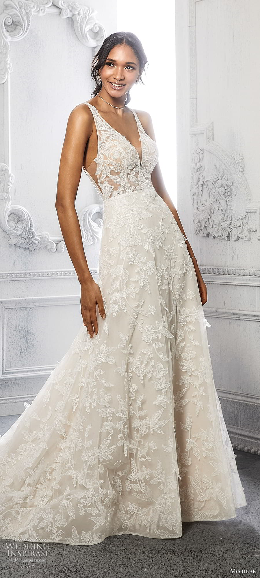 morilee spring 2022 bridal sleeveless straps v neckline fully embellished lace a line wedding dress chapel train (23) mv