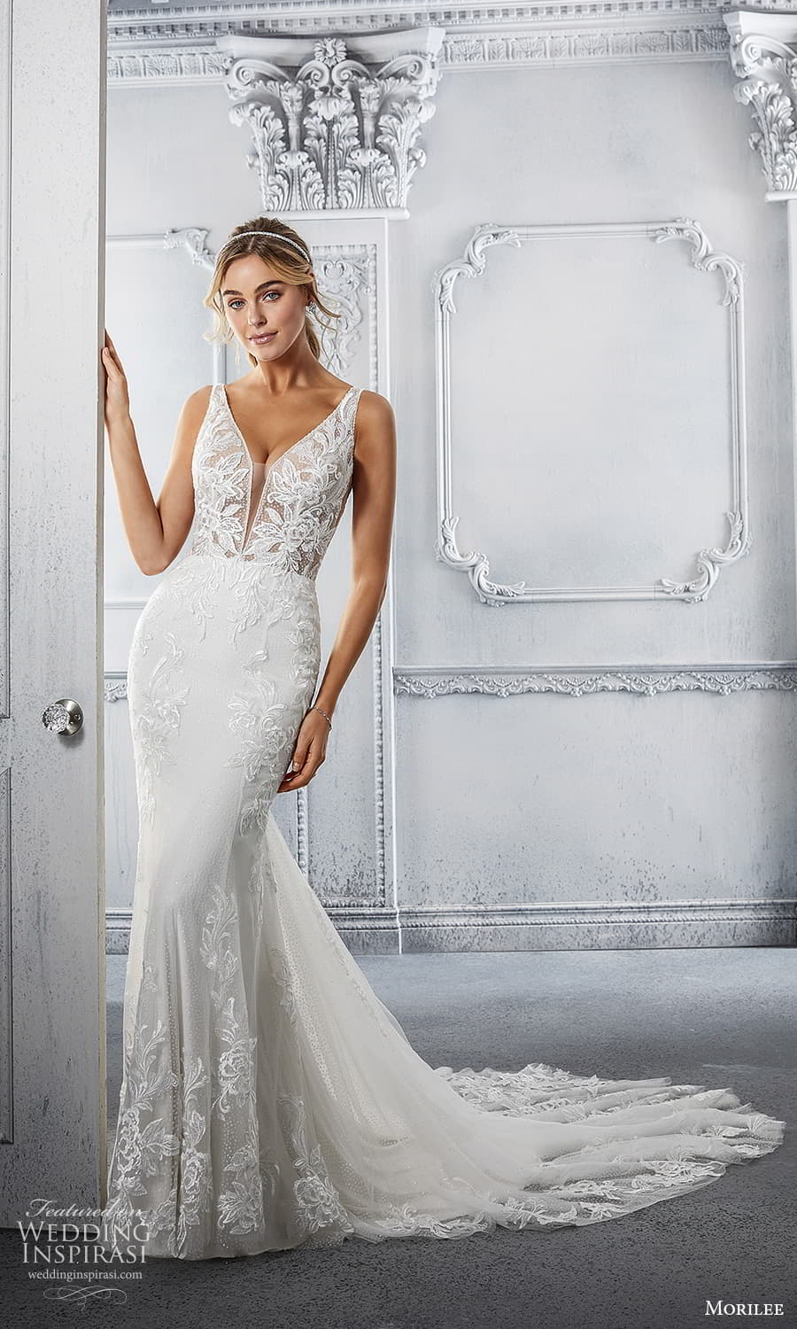 morilee spring 2022 bridal sleeveless straps v neckline fully embellished lace sheath wedding dress chapel train (15) mv