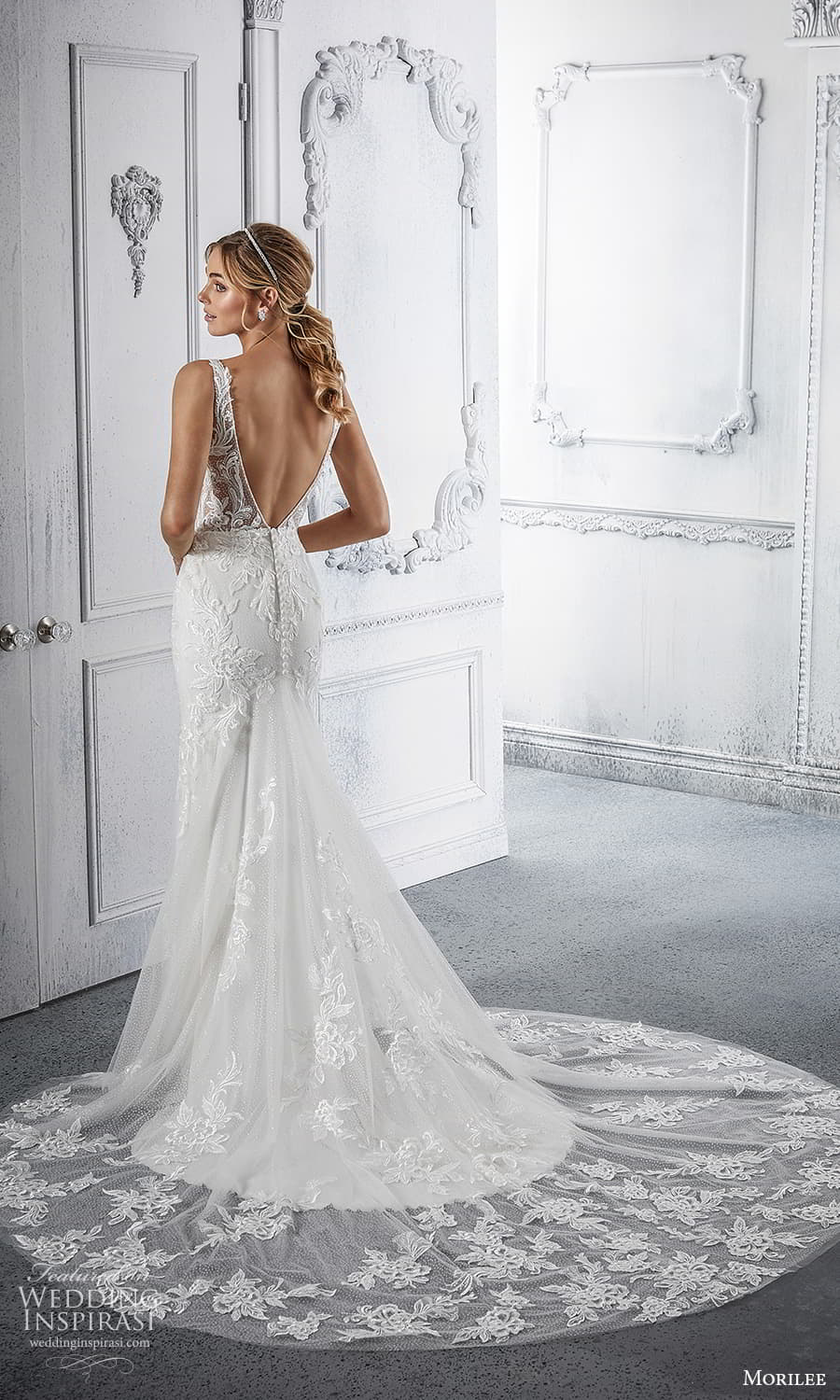 morilee spring 2022 bridal sleeveless straps v neckline fully embellished lace sheath wedding dress chapel train v back (15) bv