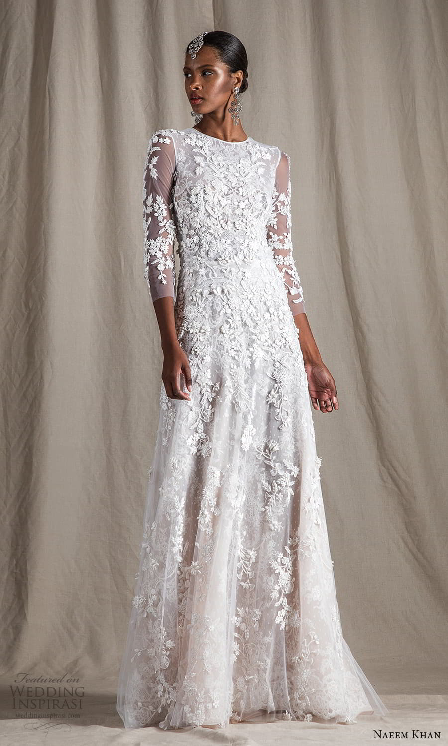 naeem khan spring 2022 bridal 3 quarter sleeves jewel neckline fully embellished a line wedding dress (16) mv