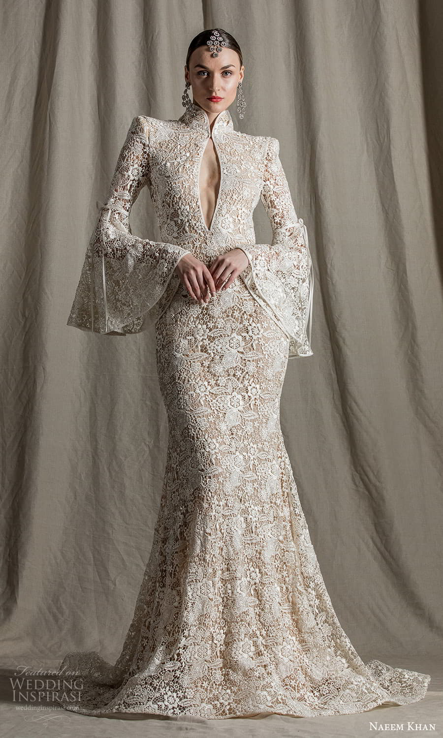 naeem khan spring 2022 bridal long flare sleeves high neckline cutout bodice fully embellished lace fit flare sheath wedding dress chapel train (2) mv