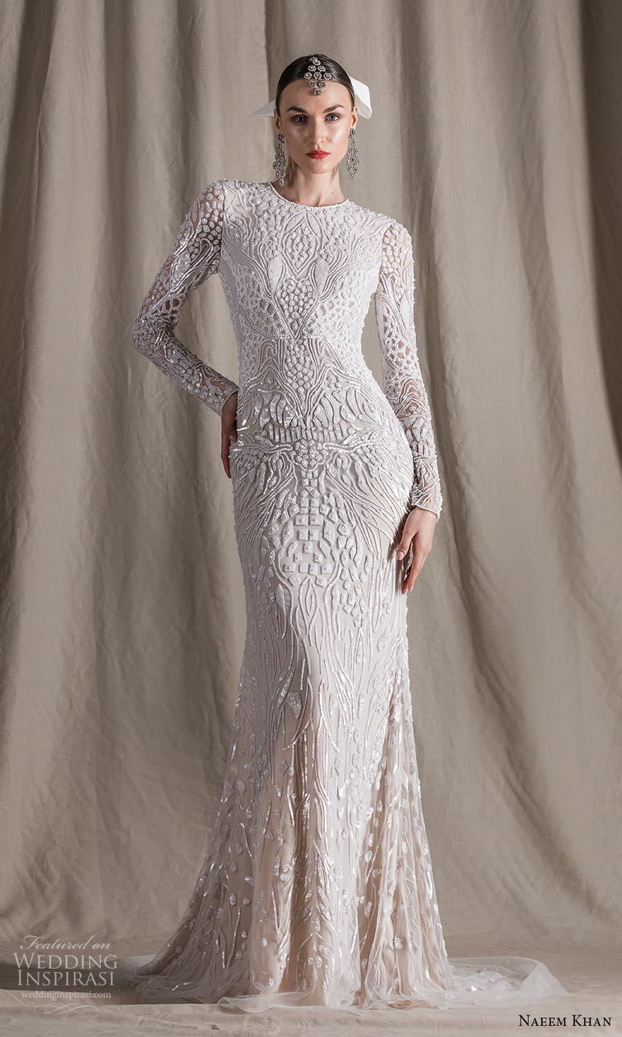 naeem khan spring 2022 bridal long sleeve jewel neckline fully embellished sheath wedding dress chapel train (15) mv