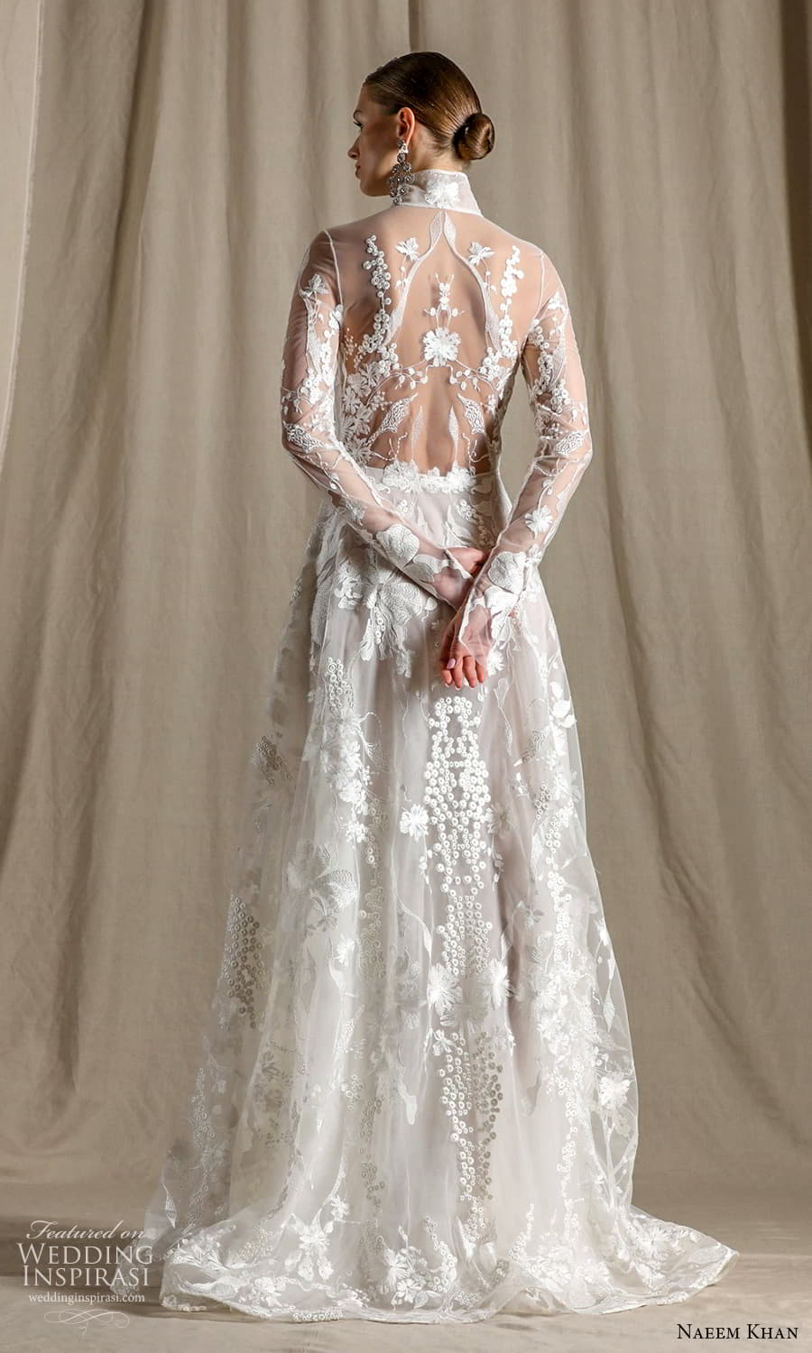 naeem khan spring 2022 bridal sheer long sleeve high neckline embellished a line wedding dress chapel train (6) bv