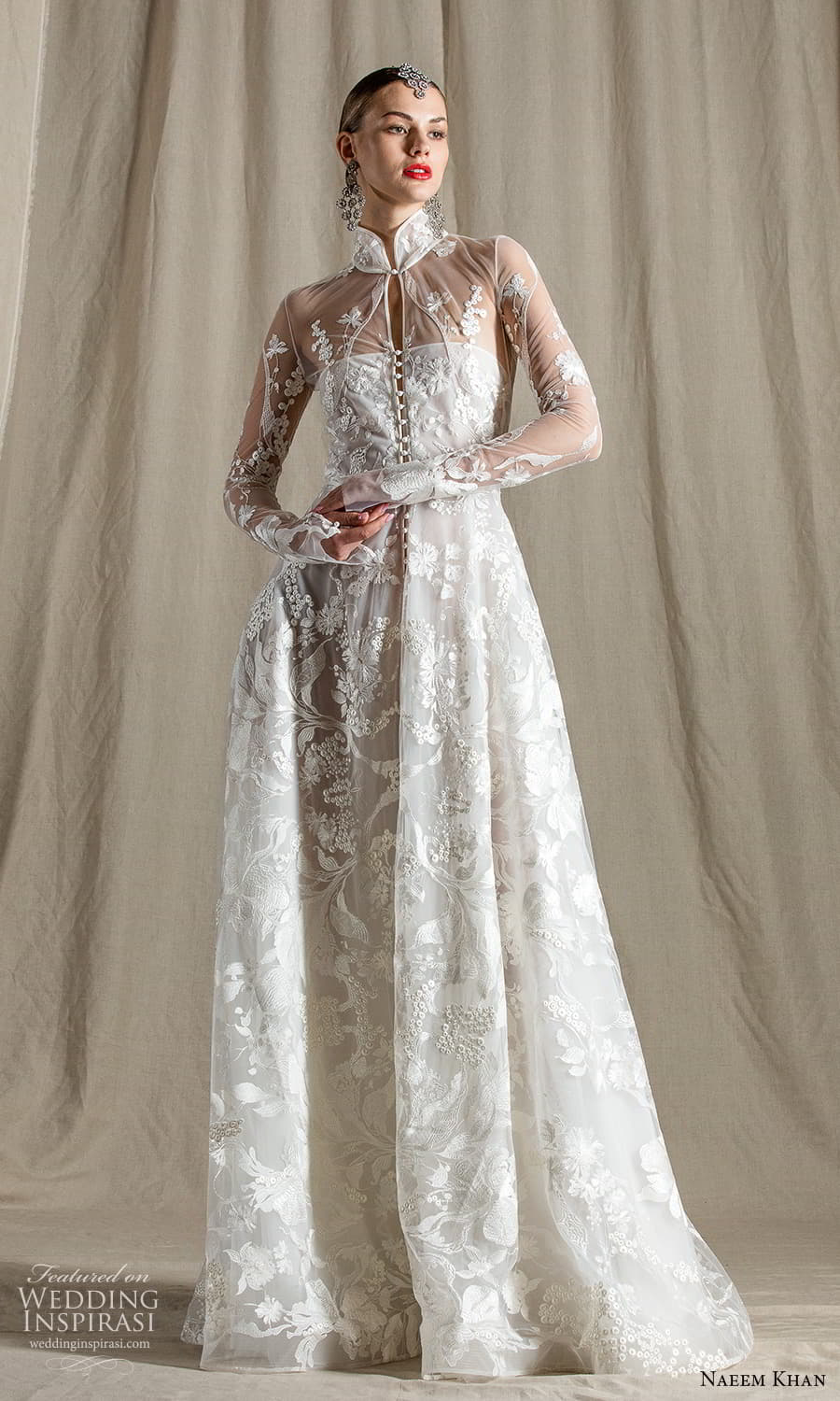 naeem khan spring 2022 bridal sheer long sleeve high neckline embellished a line wedding dress chapel train (6) mv