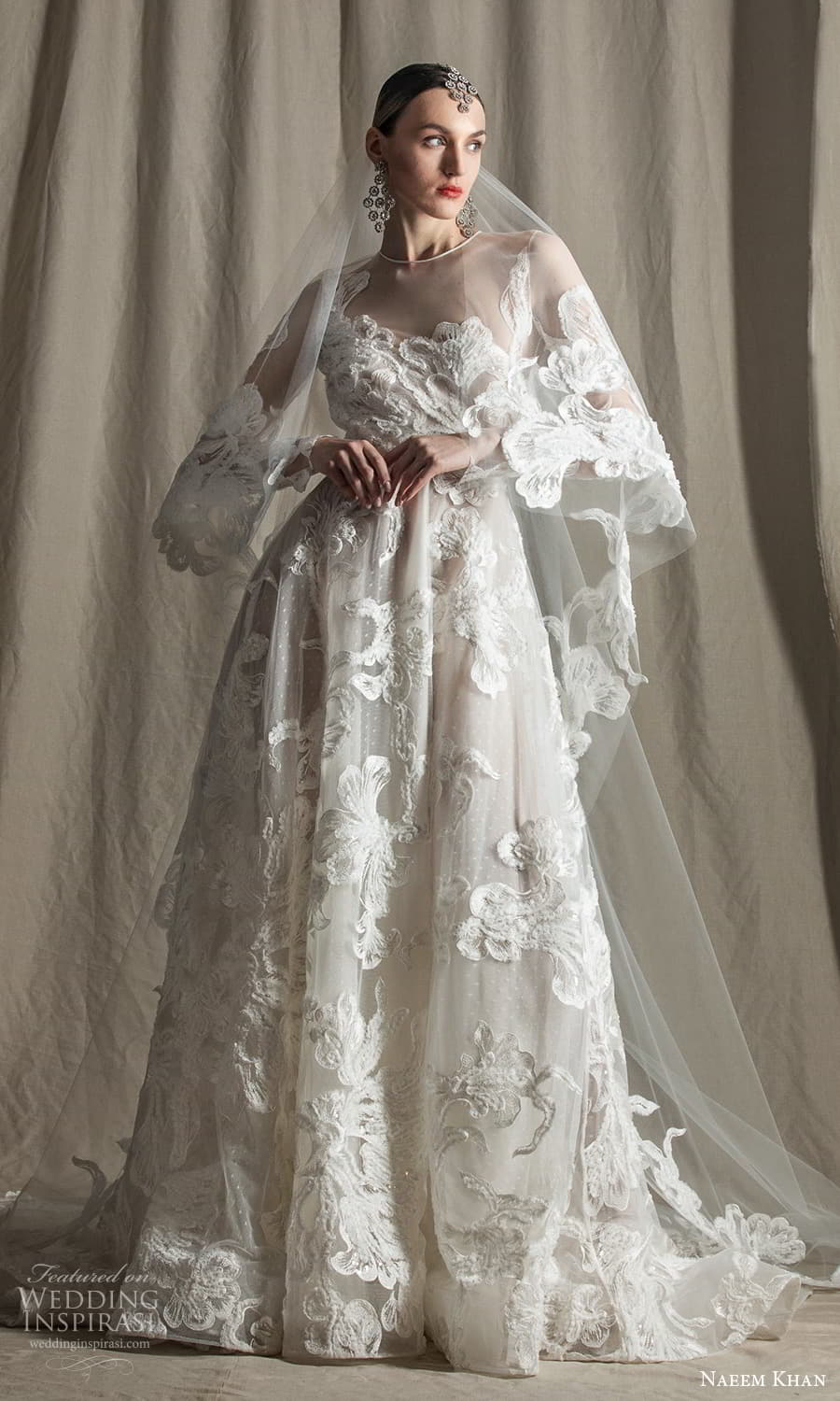 naeem khan spring 2022 bridal sheer long sleeve jewel neckline fully embellished a line ball gown wedding dress chapel train veil (1) mv