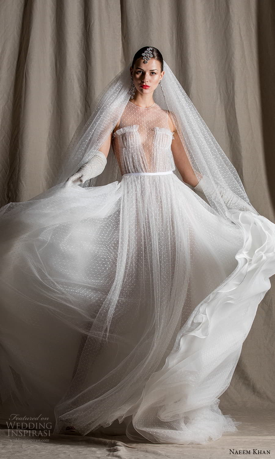 naeem khan spring 2022 bridal sleeveless sheer thick straps jewel neckline ruched bodice tulle a line ball gown wedding dress chapel train (5) mv