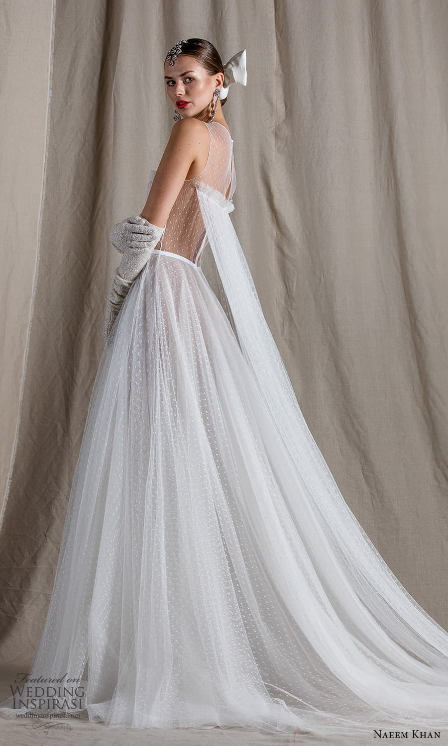 naeem khan spring 2022 bridal sleeveless sheer thick straps jewel neckline ruched bodice tulle a line ball gown wedding dress chapel train (5) sv