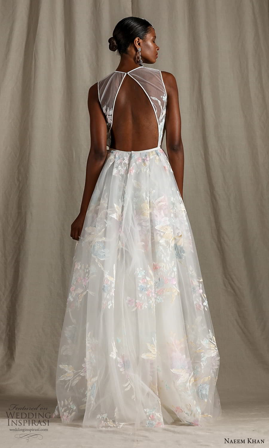 naeem khan spring 2022 bridal sleeveless straps sheer jewel neck sweetheart neckline embellished bodice a line ball gown wedding dress chapel train (7) bv