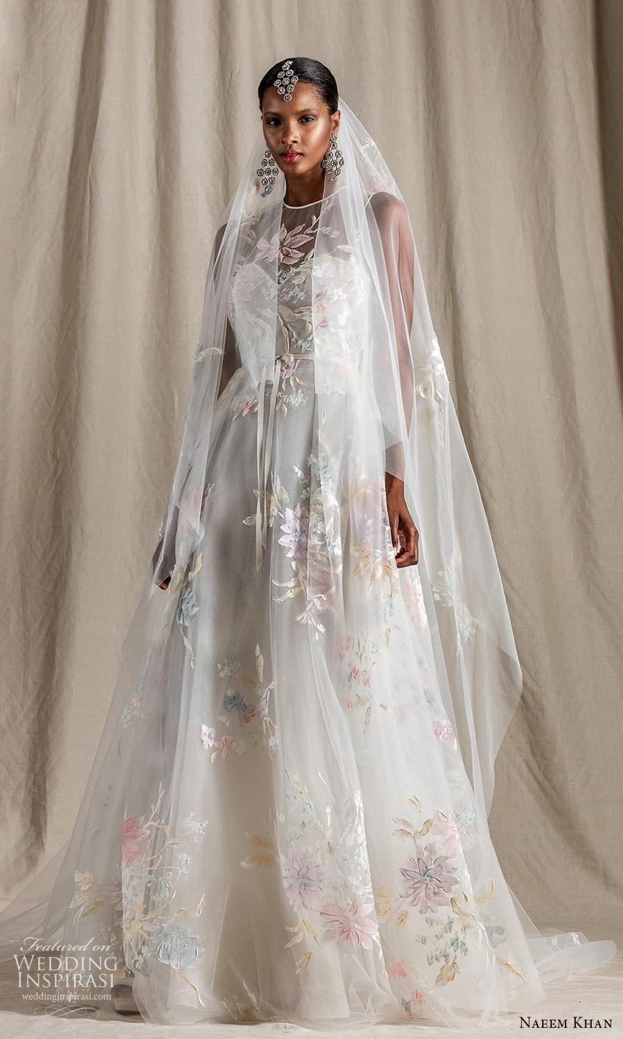 naeem khan spring 2022 bridal sleeveless straps sheer jewel neck sweetheart neckline embellished bodice a line ball gown wedding dress chapel train (7) mv