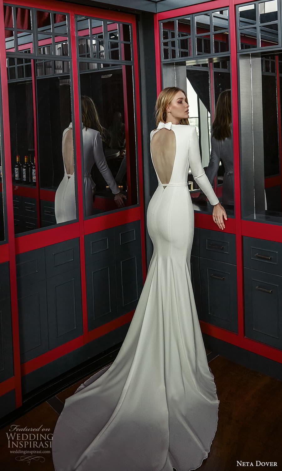 neta dover finesse 2022 bridal long sleeve high neckline clean minimalist sheath wedding dress slit skirt chapel train cutout back (5) mv