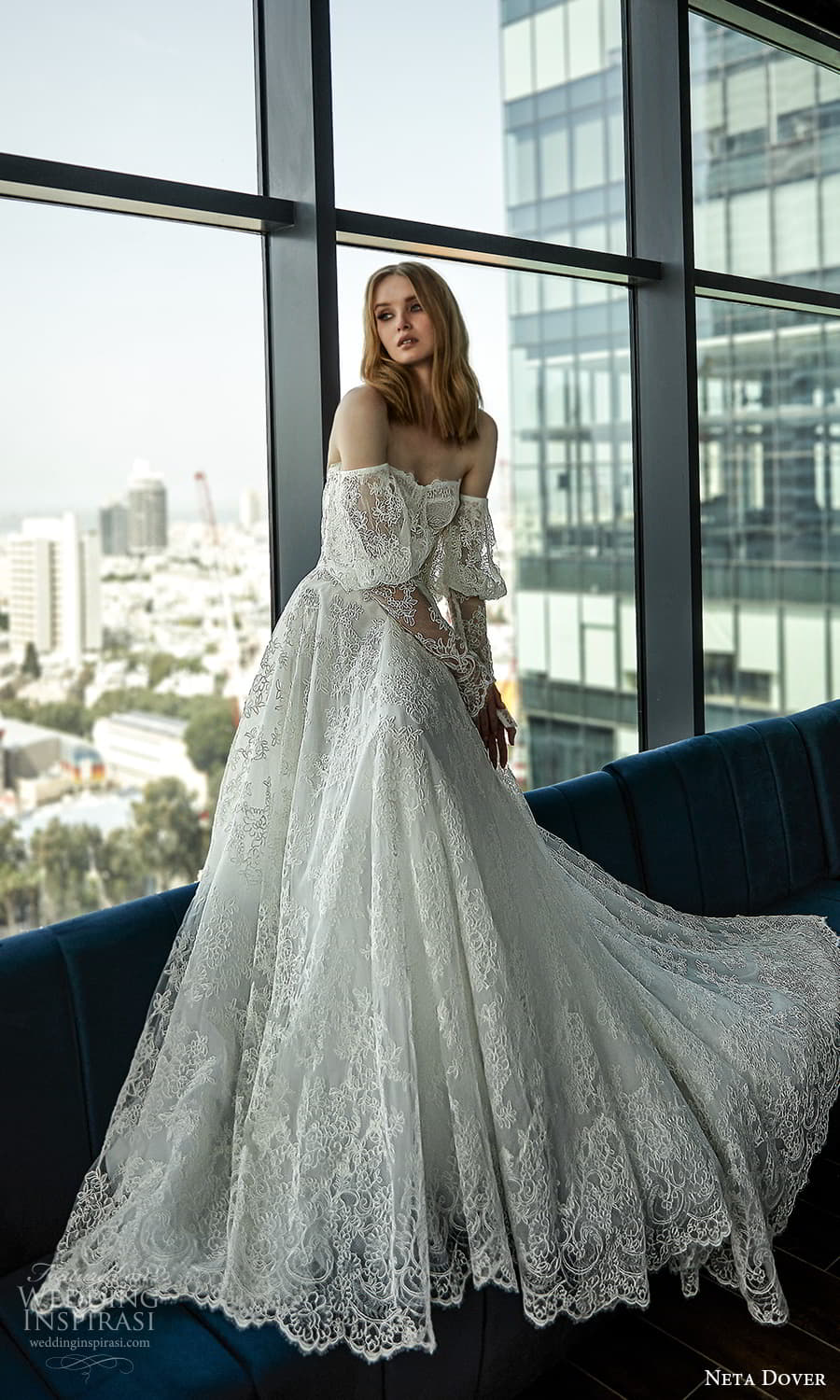 neta dover finesse 2022 bridal sheer detached puff sleeve strapless sweetheart neckline embellished lace a line ball gown wedding dress chapel train (6) mv