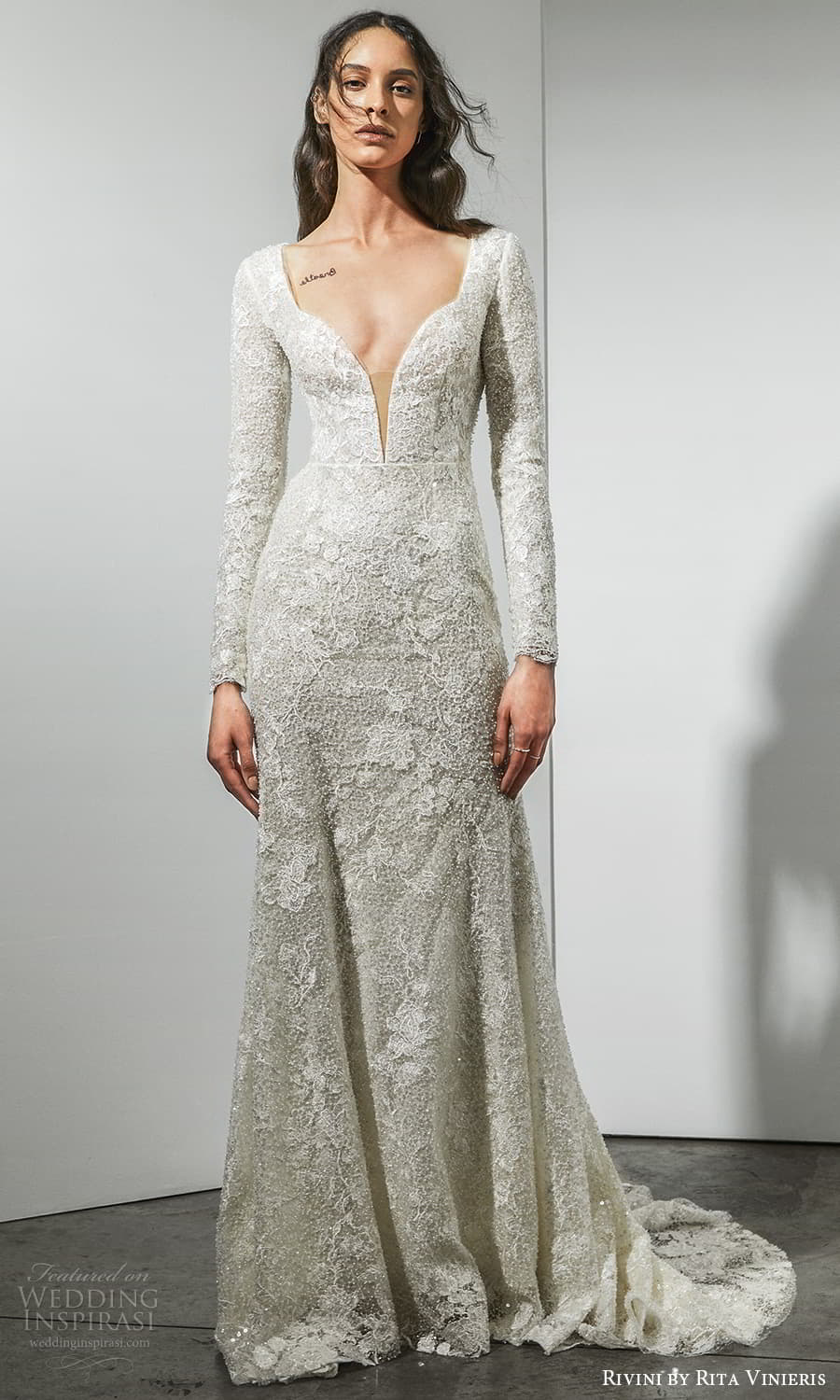 rivini rita vinieris spring 2022 bridal long sleeve v neckline fully embellished lace a line wedding dress chapel train (6) mv