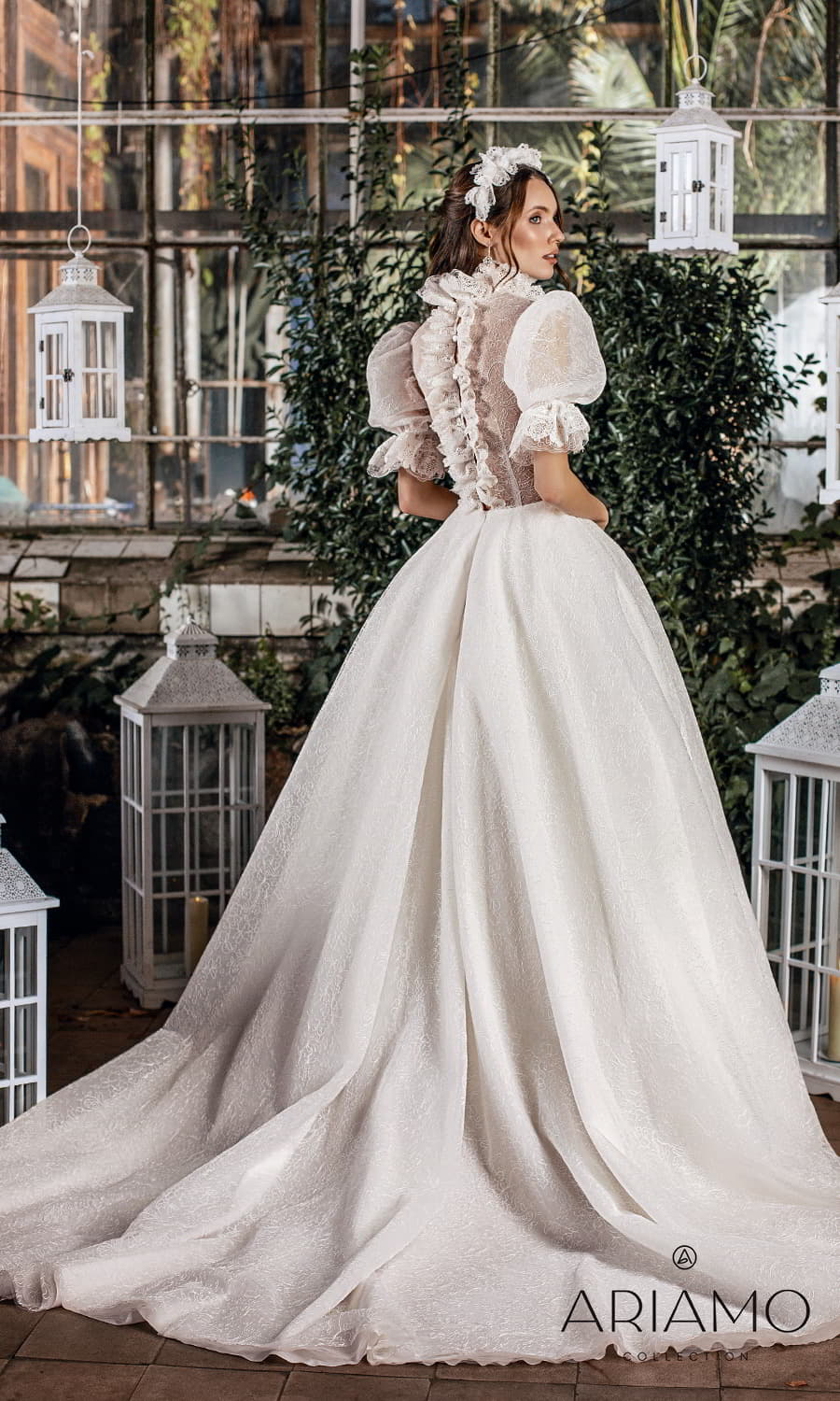 ariamo 2022 bridal elbow length puff sleeve high ruff necklline embellished textured lace a line ball gown wedding dress chapel train (susanna) bv