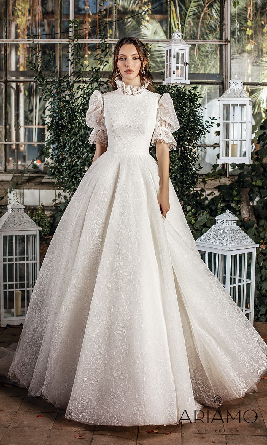 ariamo 2022 bridal elbow length puff sleeve high ruff necklline embellished textured lace a line ball gown wedding dress chapel train (susanna) mv