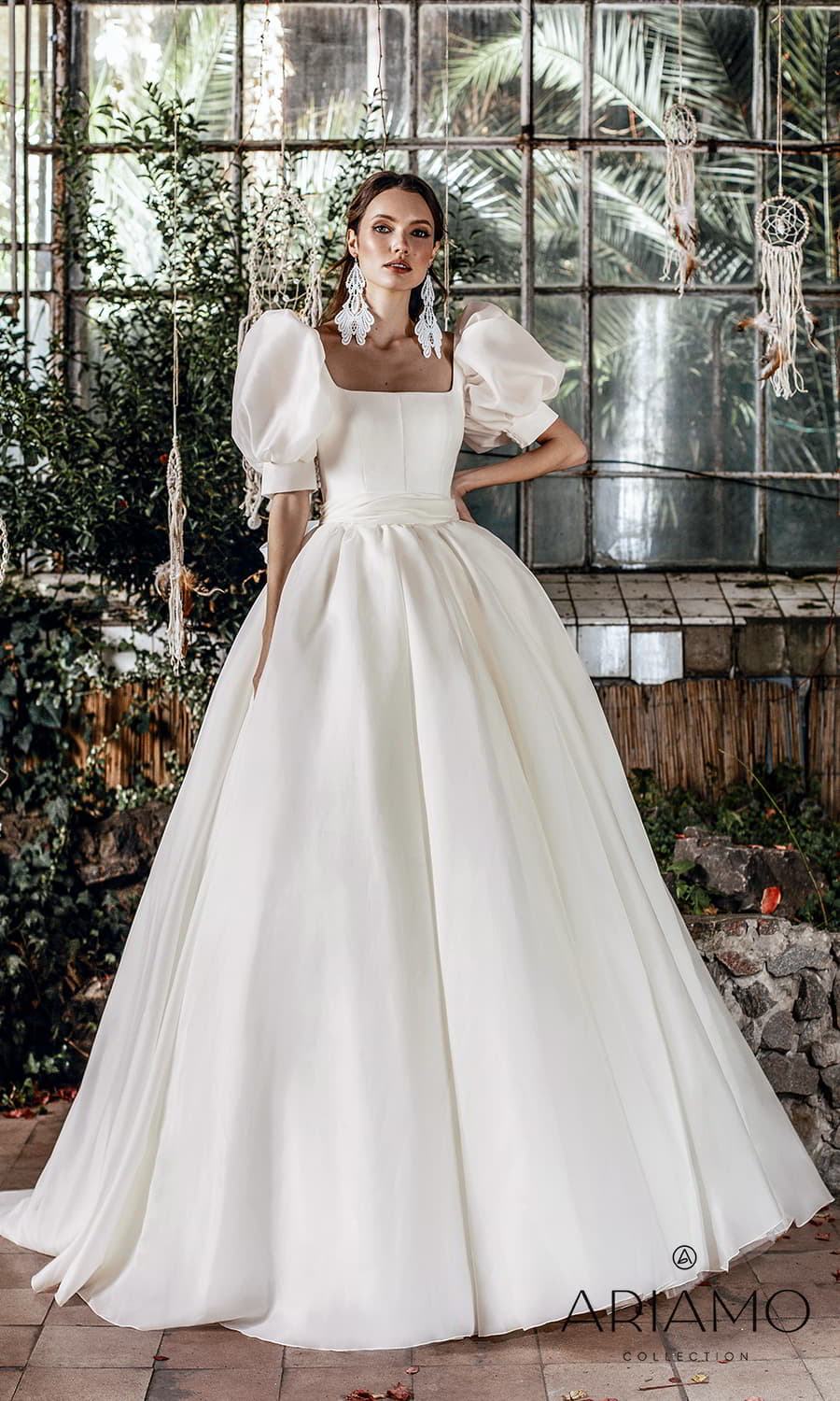 ariamo 2022 bridal elbow length puff sleeve square neckline clean minimalist a line ball gown wedding dress chapel train (serenity) mv