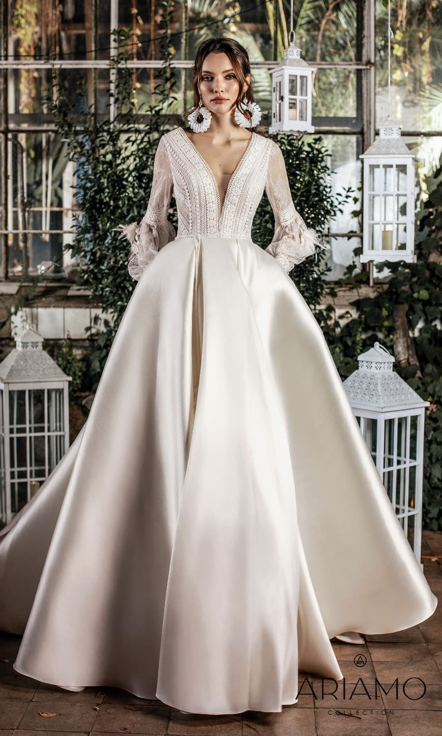 ariamo 2022 bridal long bishop sleeve plunging v neckline embellished lace bodice clean skirt a line ball gown wedding dress chapel train (sandra) mv